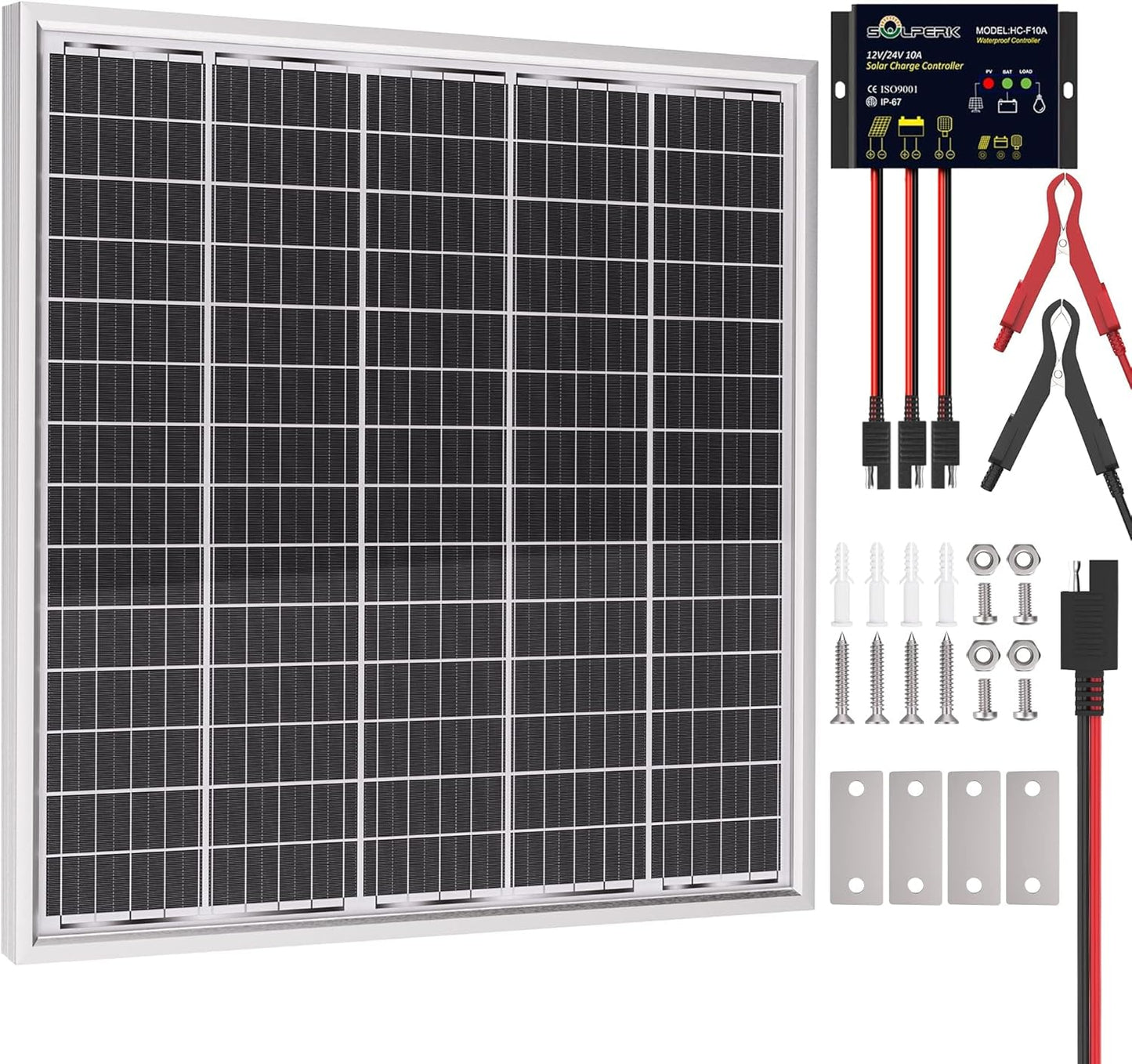 SOLPERK 50W 24V Solar Panel, Solar Battery Trickle Charger Maintainer with 10A Charge Controller for Trailer Tractor Truck Boat Marine Motorcycle RV Car Gate Opener