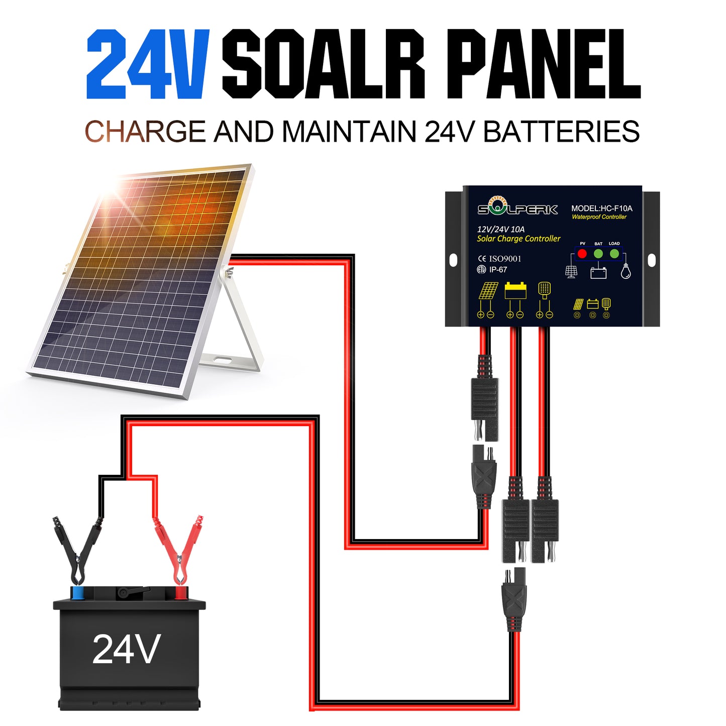 SOLPERK 10A Solar Charge Controller Waterproof Solar Panel Controller 12V/24V PWM Solar Panel Battery Intelligent Regulator for RV Boat car, with LED Display