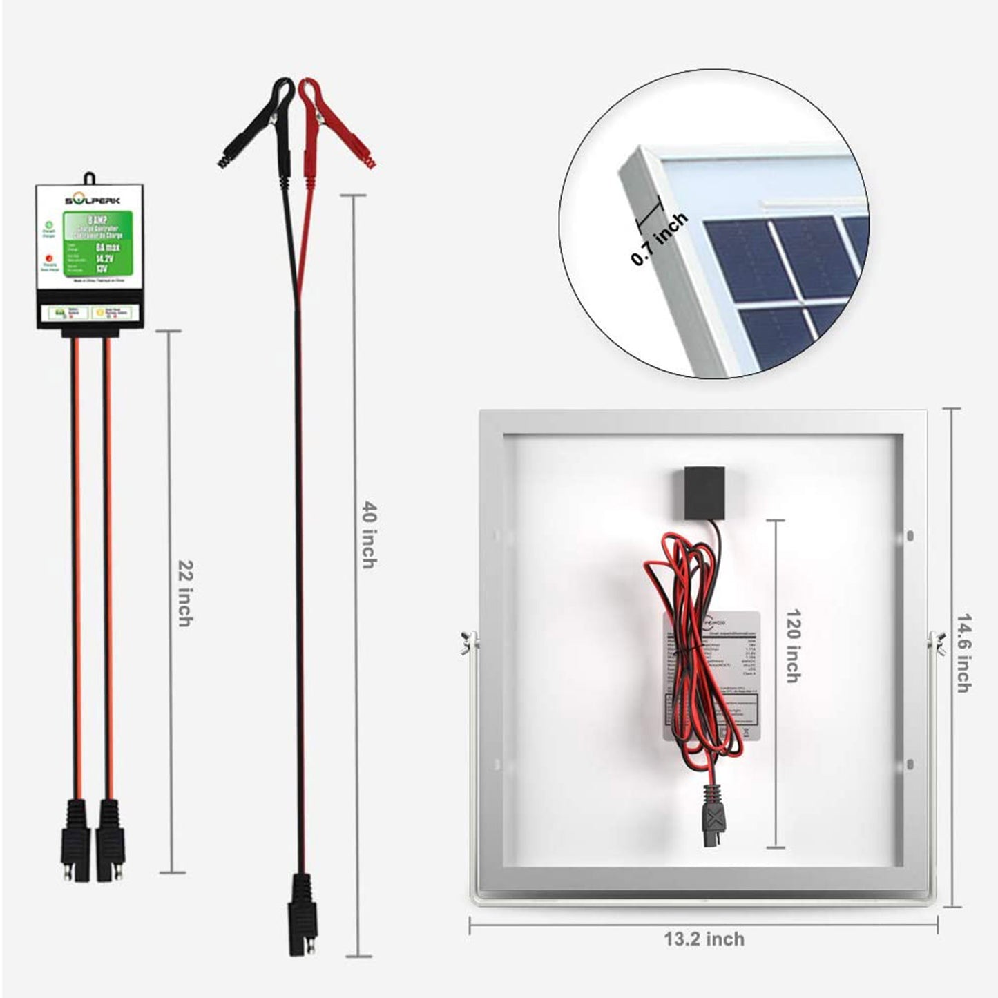 SOLPERK 20W Solar Panel, 12V Solar Panel Charger Kit+8A Controller, Suitable for Automotive, Motorcycle, Boat, ATV, Marine, RV, Trailer, Powersports, Snowmobile