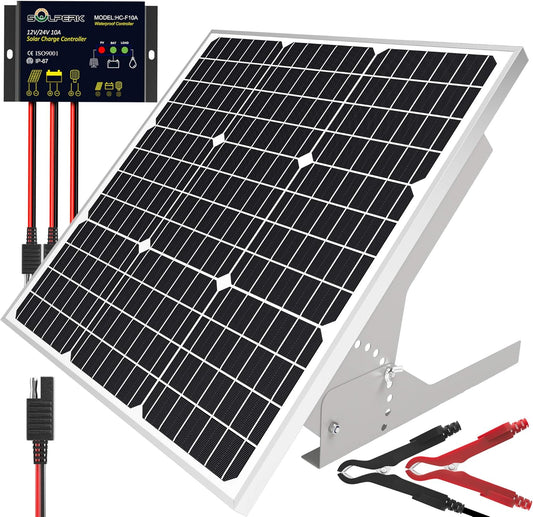 SOLPERK 50W/12V Solar Panel Kit, Solar Battery Trickle Charger Maintainer + Waterproof Controller + Adjustable Mount Bracket for Automotive Motorcycle Boat Marine RV Camping Roof