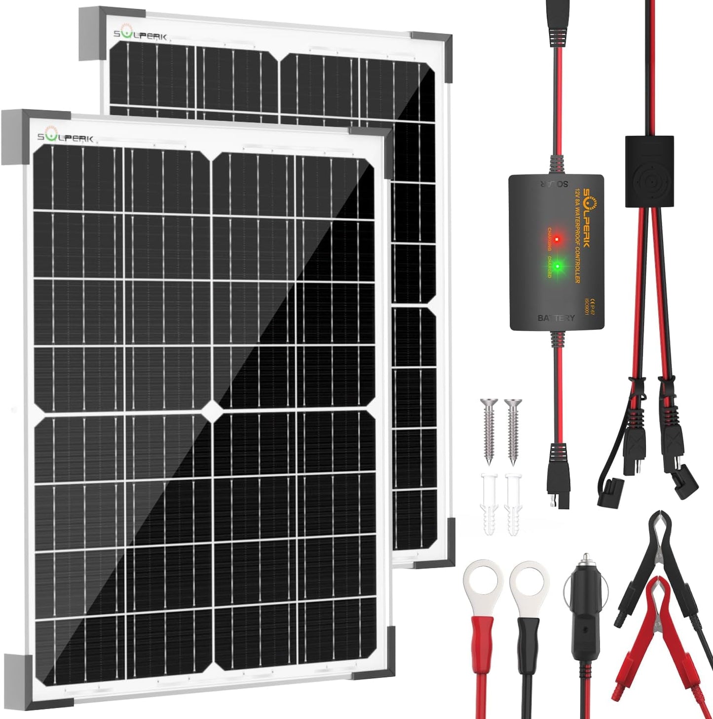 SOLPERK 12V 50W Solar Battery Charger, 2pcs 25W Solar Battery Maintainer+Waterproof 8A Controller+Adjustable Mounts for RV, Car, Boat, Marine, Etc