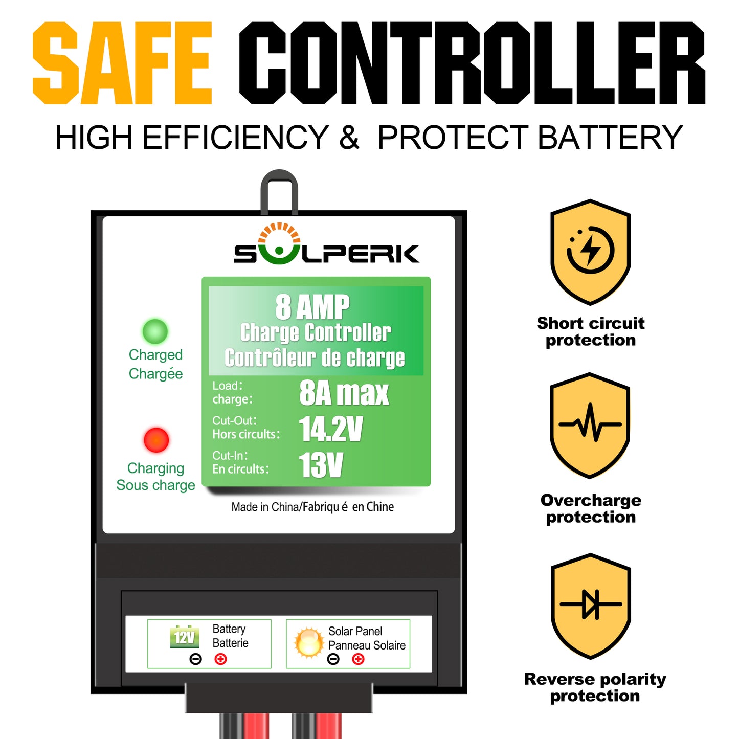 SOLPERK Solar Charger Controller, 8A Solar Panel Battery Smart Regulator for 12v Solar Battery Charger, Solar Battery Maintainer, 12v Battery Power Kit for RV, Boat, Car, Shed