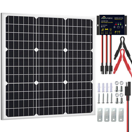 SOLPERK Solar Panel Kit 50W 12V, Solar Battery Trickle Charger Maintainer with Upgrade Waterproof Controller for Boat Car RV Motorcycle Marine Automotive (without Mounting Bracket)