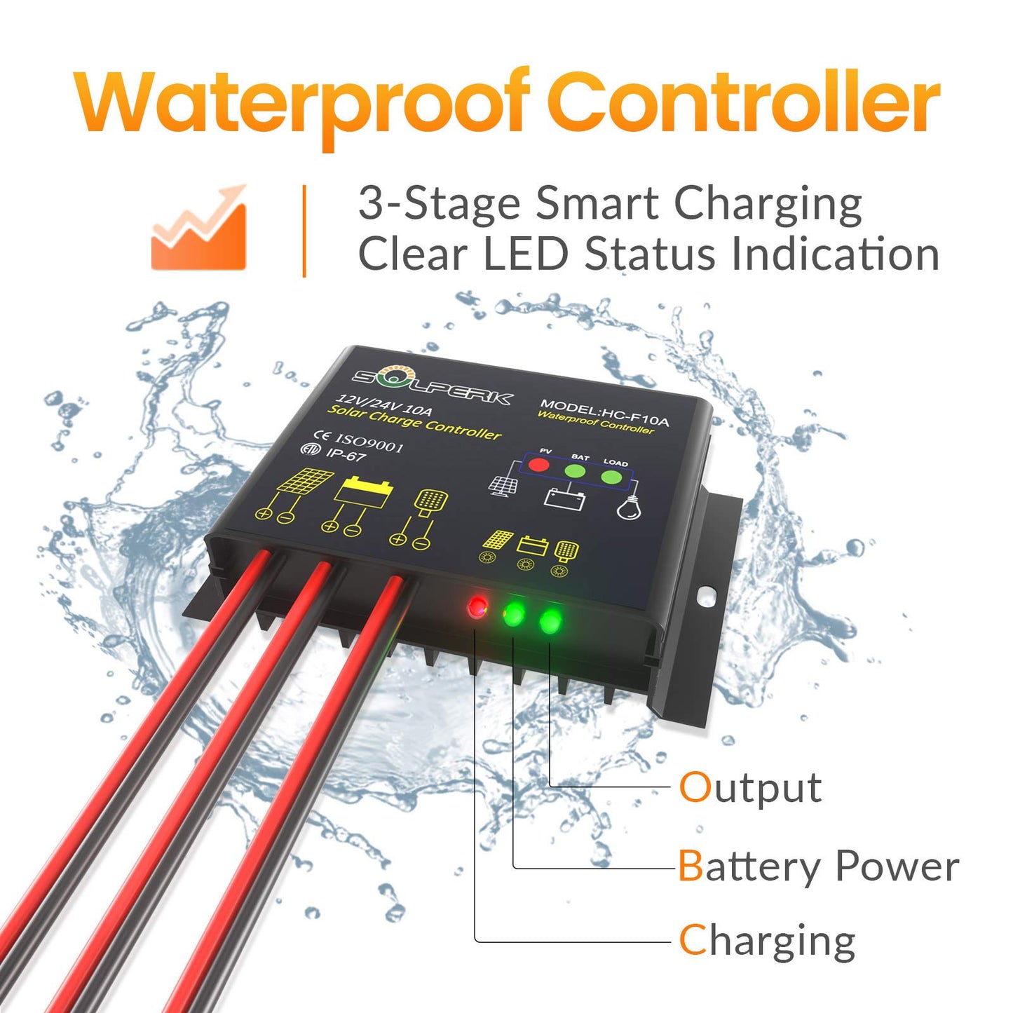 SOLPERK 10A Solar Charge Controller Waterproof Solar Panel Controller 12V/24V PWM Solar Panel Battery Intelligent Regulator for RV Boat car, with LED Display