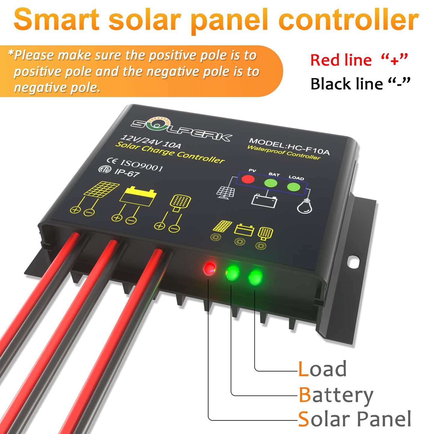 SOLPERK 10A Solar Charge Controller Waterproof Solar Panel Controller 12V/24V PWM Solar Panel Battery Intelligent Regulator for RV Boat car, with LED Display