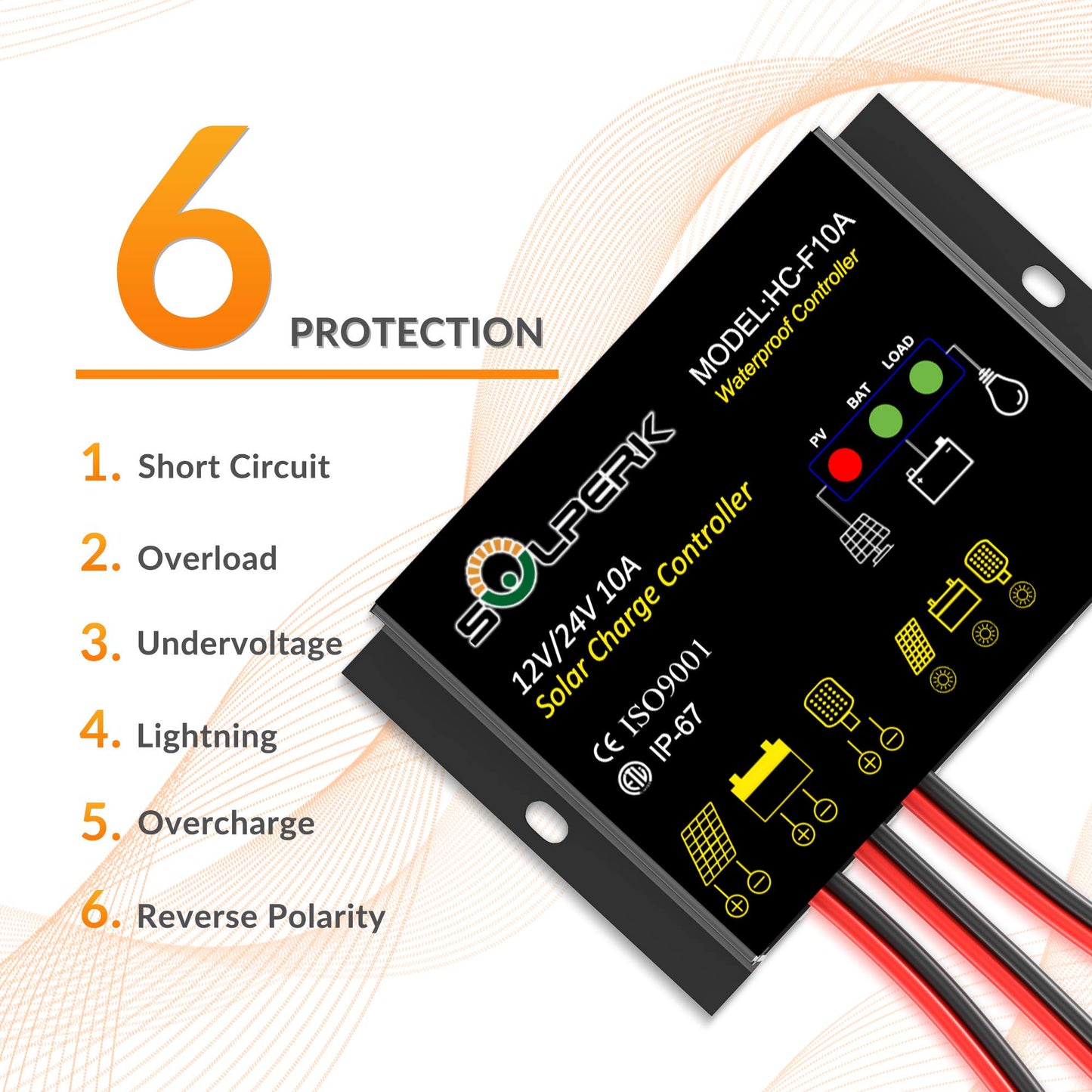 SOLPERK 10A Solar Charge Controller Waterproof Solar Panel Controller 12V/24V PWM Solar Panel Battery Intelligent Regulator for RV Boat car, with LED Display