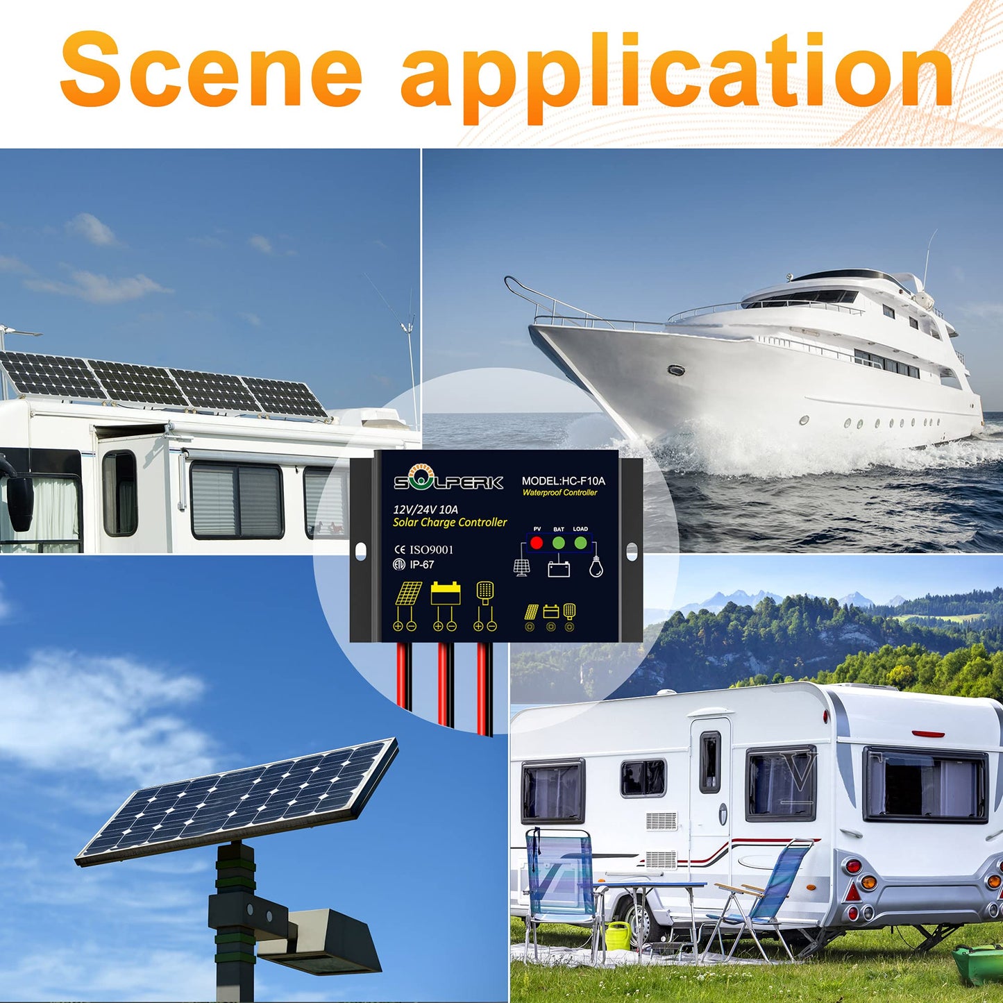 SOLPERK 10A Solar Charge Controller Waterproof Solar Panel Controller 12V/24V PWM Solar Panel Battery Intelligent Regulator for RV Boat car, with LED Display